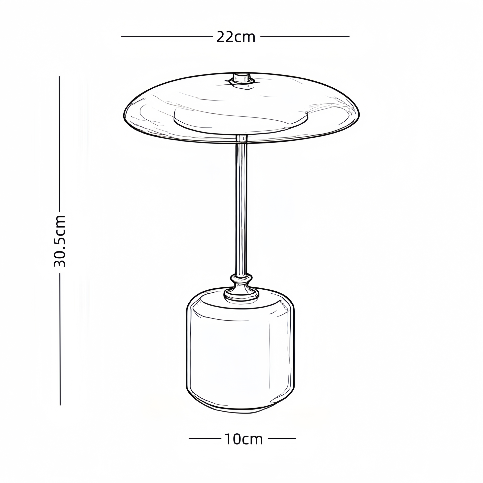 Line drawing of an American MCM table lamp with dimensions labeled