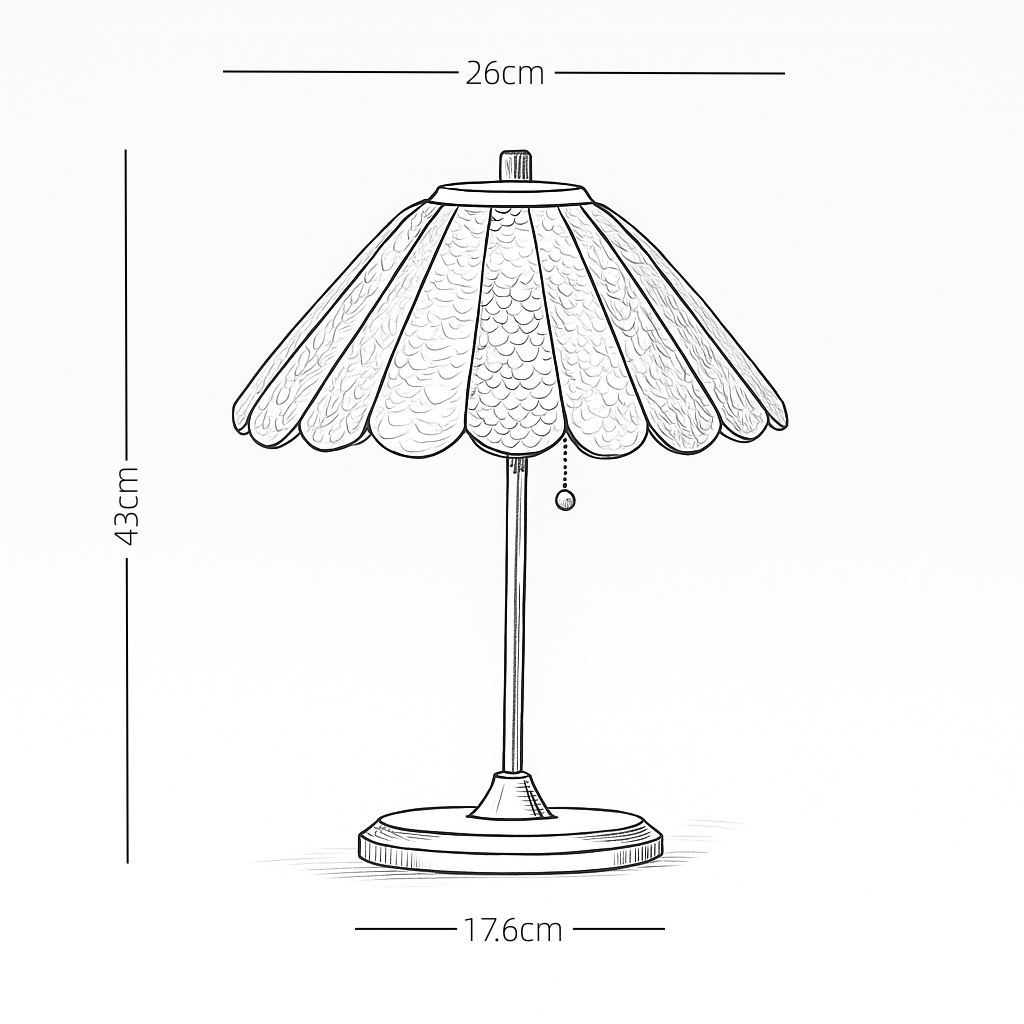 Line drawing of a colorful MCM table lamp with dimensions indicated