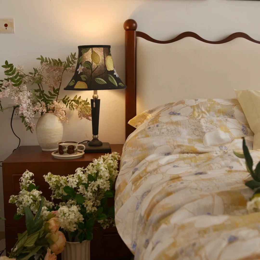 black embroidery French table lamp as reading light in cottage-core bedroom settings