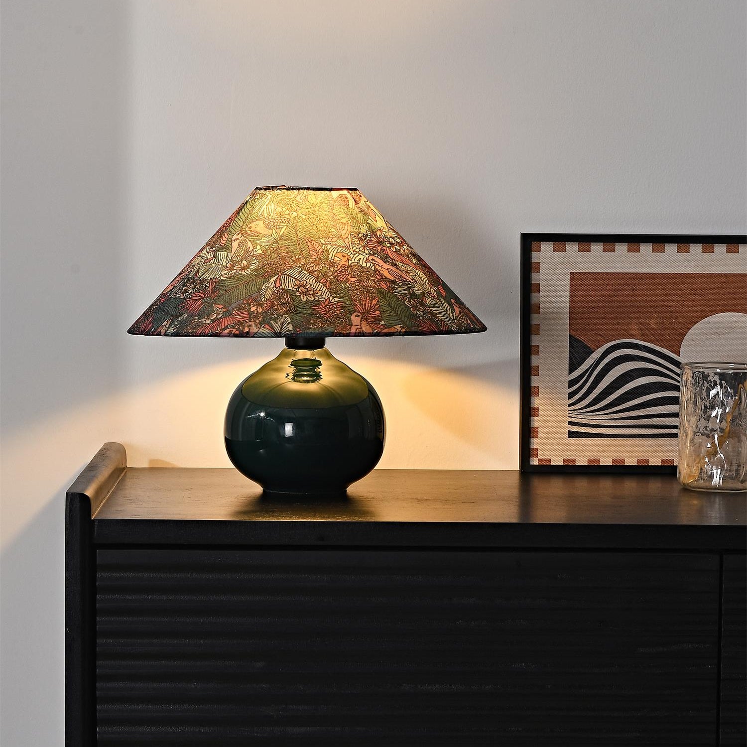 illumintated Vintage Ceramic Table Lamp Linen Shade for Nightstand decorating a shelf