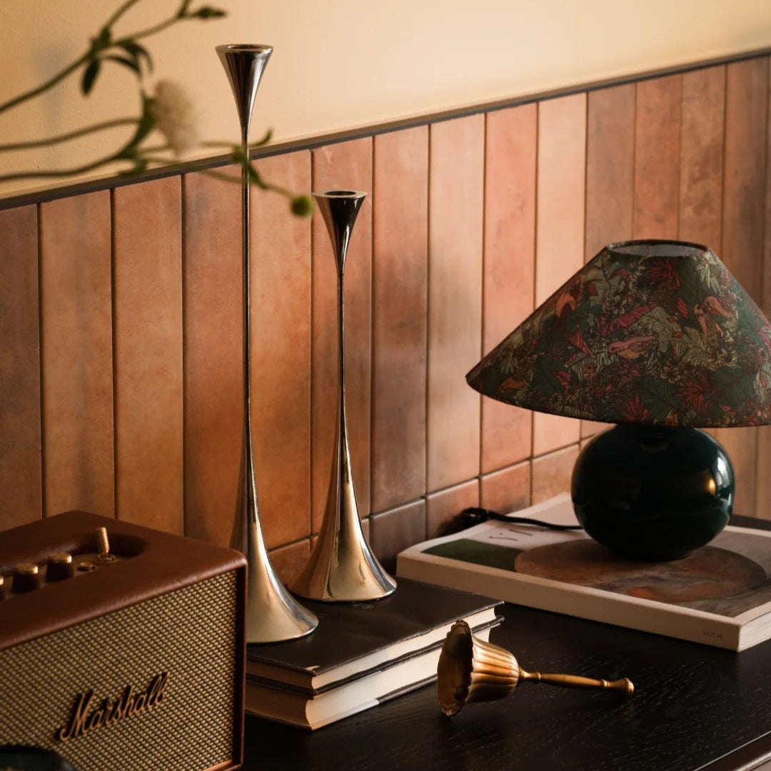 Rustic ceramic lamp base texture with linen shade on wooden table