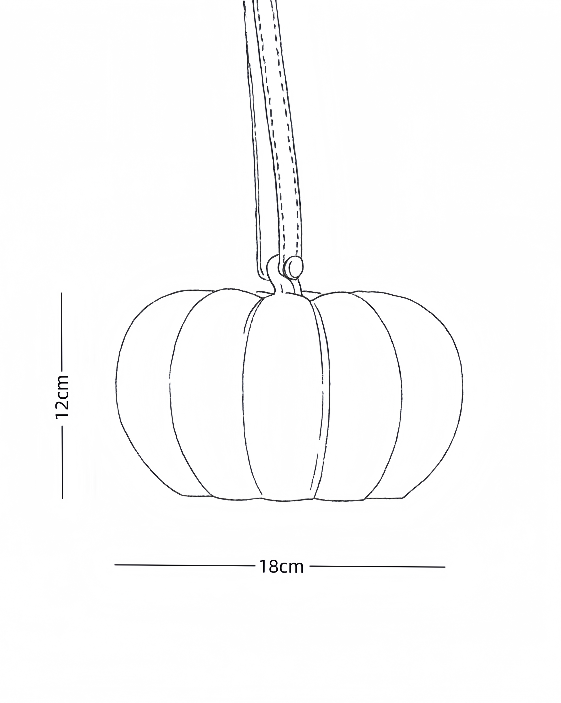 Line drawing of a pumpkin-shaped lamp with dimensions on a white background