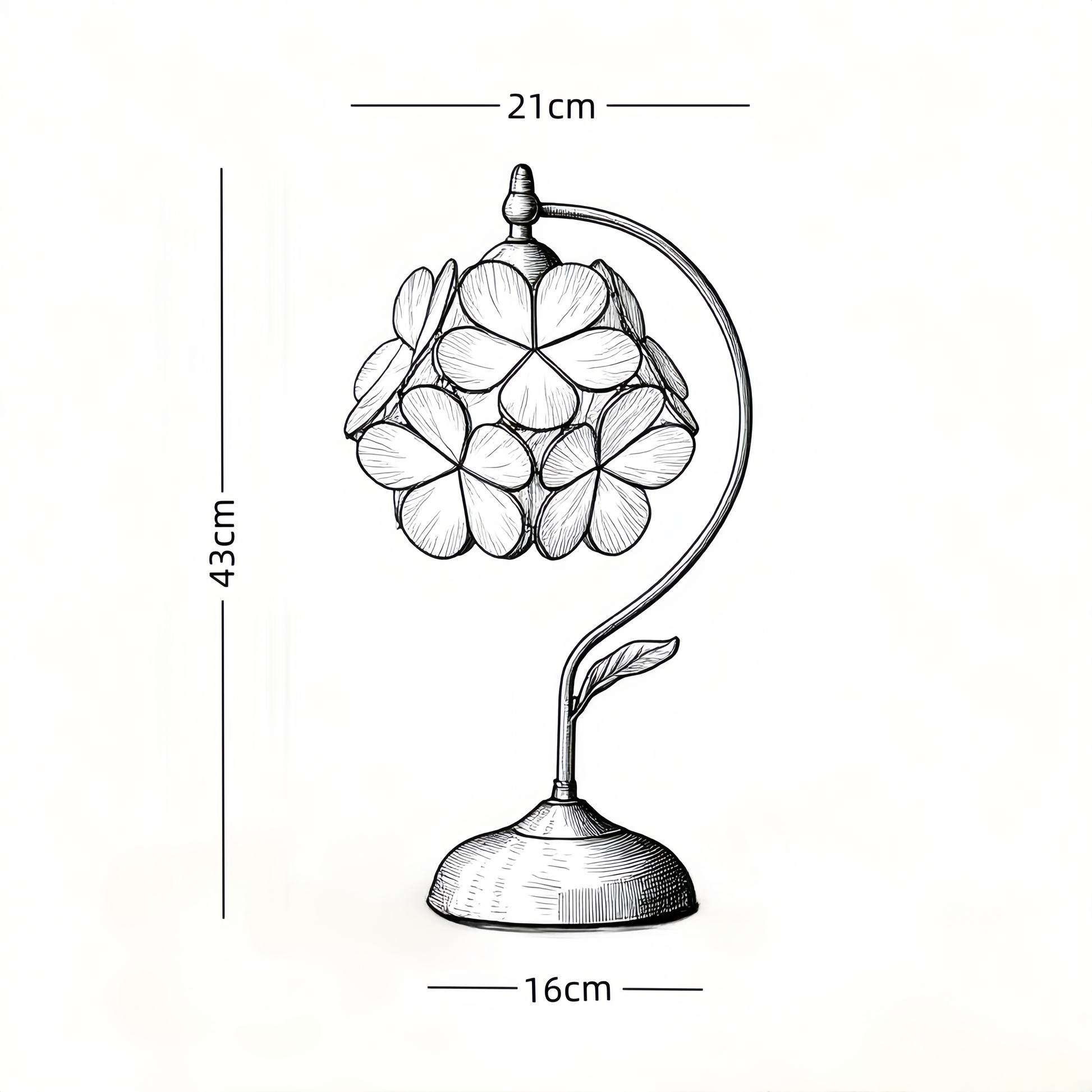 Line art  of a decorative french vintage lamp with dimensions labeled.