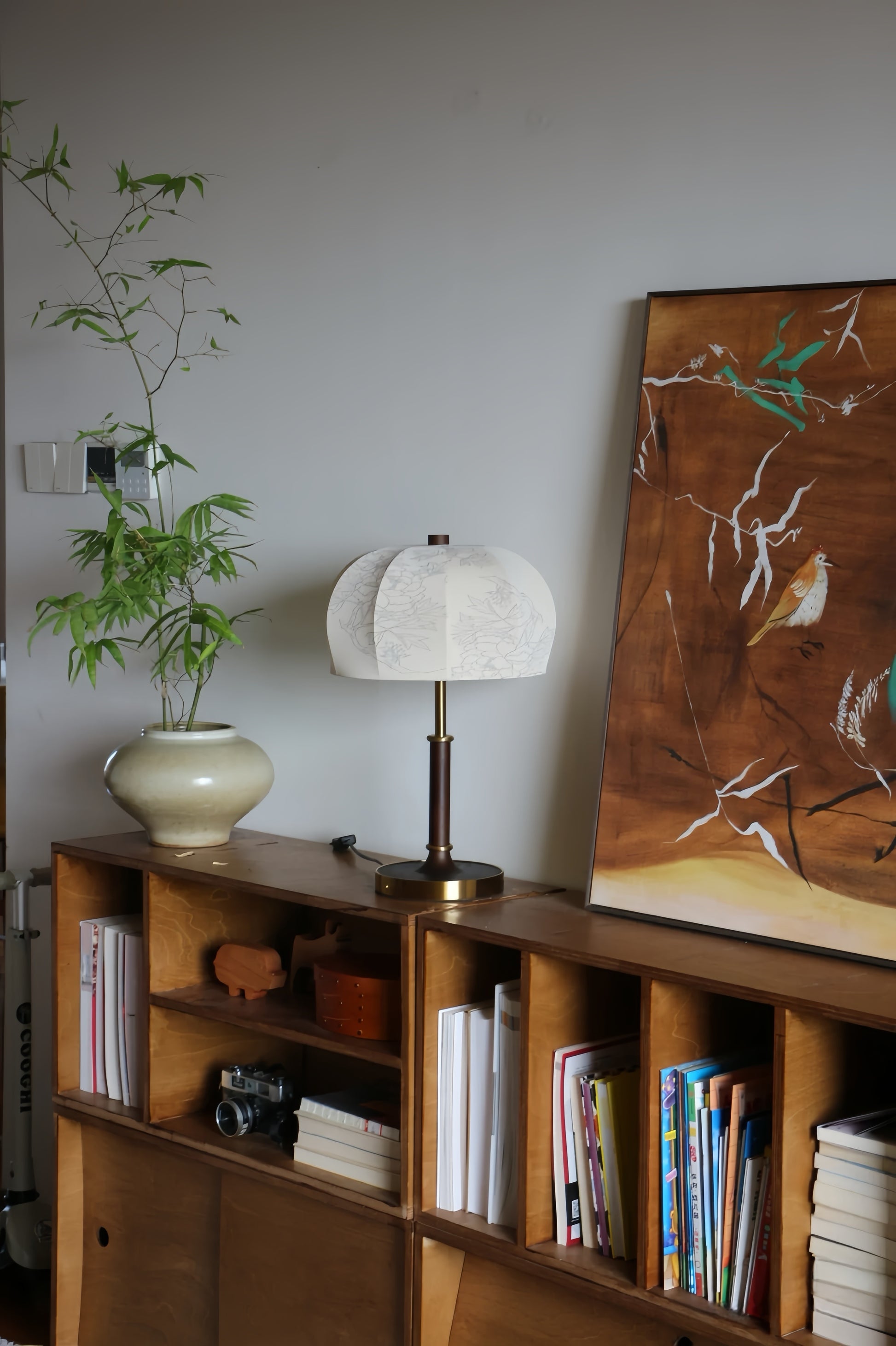 Wooden shelf with books, a french vintage lamp, and a plant against a white wall.