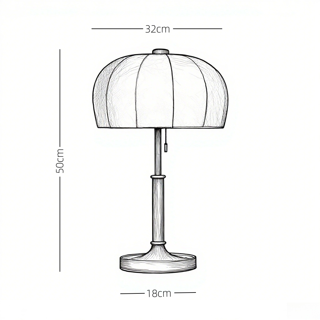 Line drawing of a french vintage table lamp with dimensions labeled